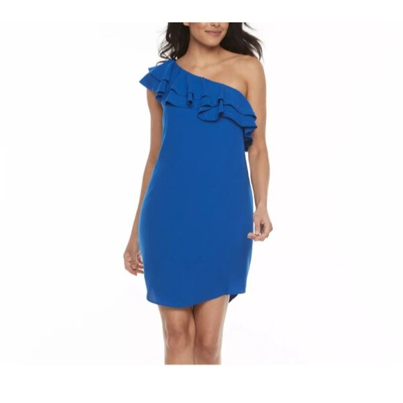 Apt. 9 Dresses & Skirts - APT. 9 Women's One Shoulder Embroidered Ruffle Dress Blue Lined Royal Sz M NWT